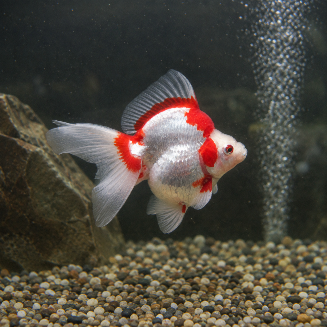 Red and White Ryukin Goldfish Carassius Auratus