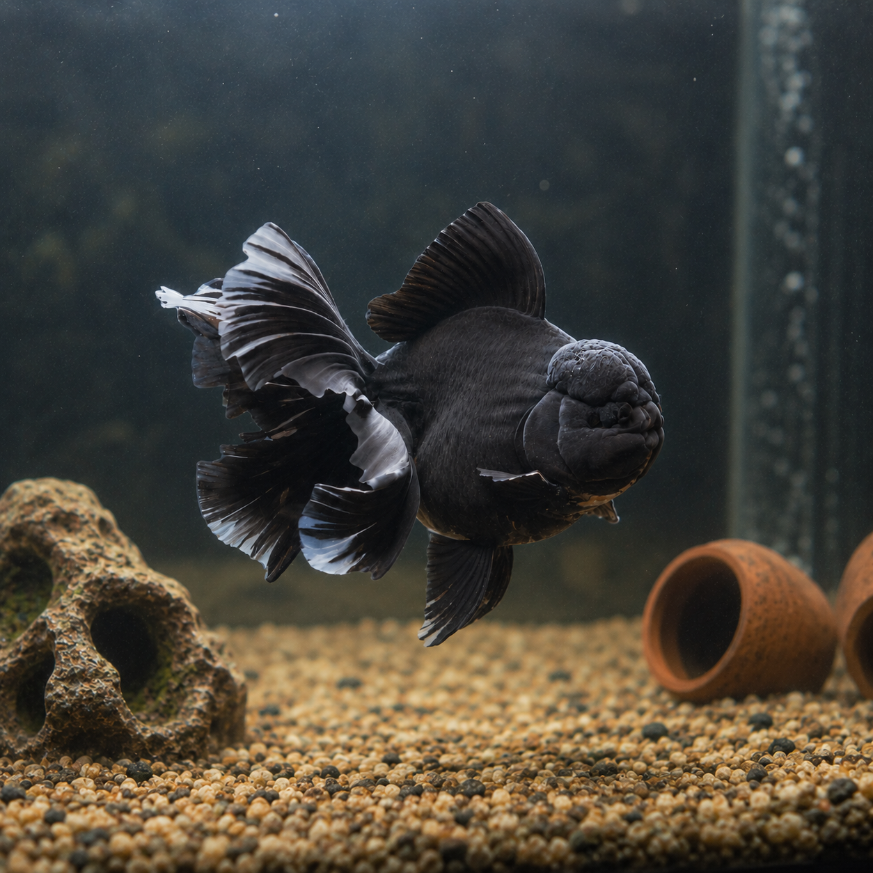 Black Fancy Goldfish in a Serene Aquarium