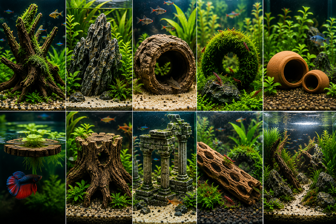 best accessories for fish tank Aquarium Decorations Set, Decor with Artificial Plants and Resin Ornaments, Betta Fish Tank Small Tanks, Soft Safe Plastic Plants with Hideout Cave Dcor(Ornaments set #2) Create a sense of calm in your aquatic environment with a variety of naturalistic and tranquil decor AWXZOM Fish Tank Decorations (fish