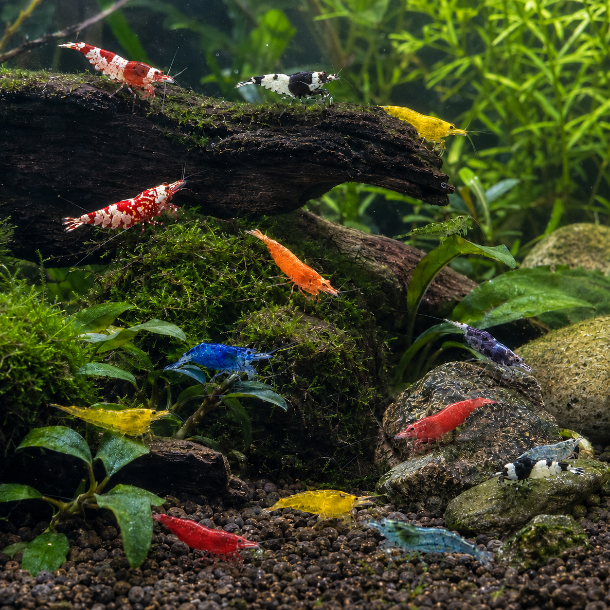 Colorful Neocaridina in a Planted Nano Tank