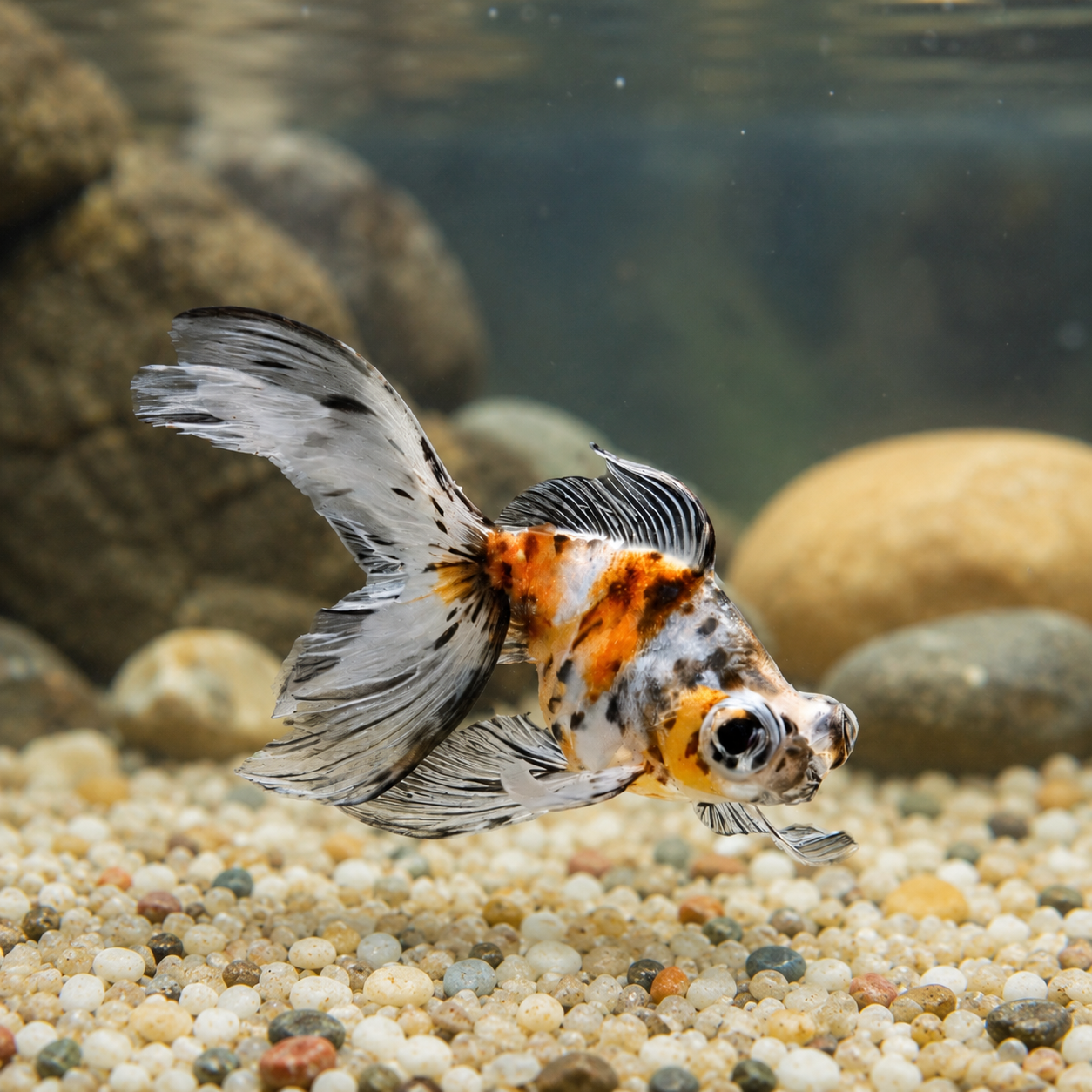 Calico Telescope Butterfly Moor Goldfish Carassius Auratus.