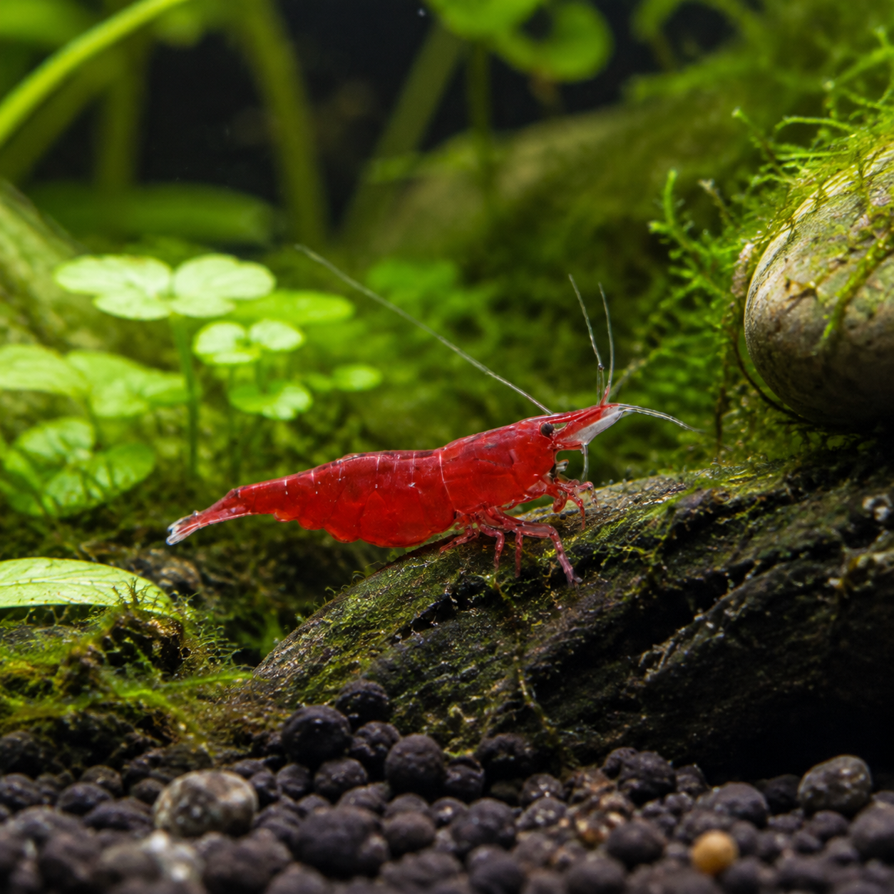 Cherry Red Shrimp Grazing on Moss