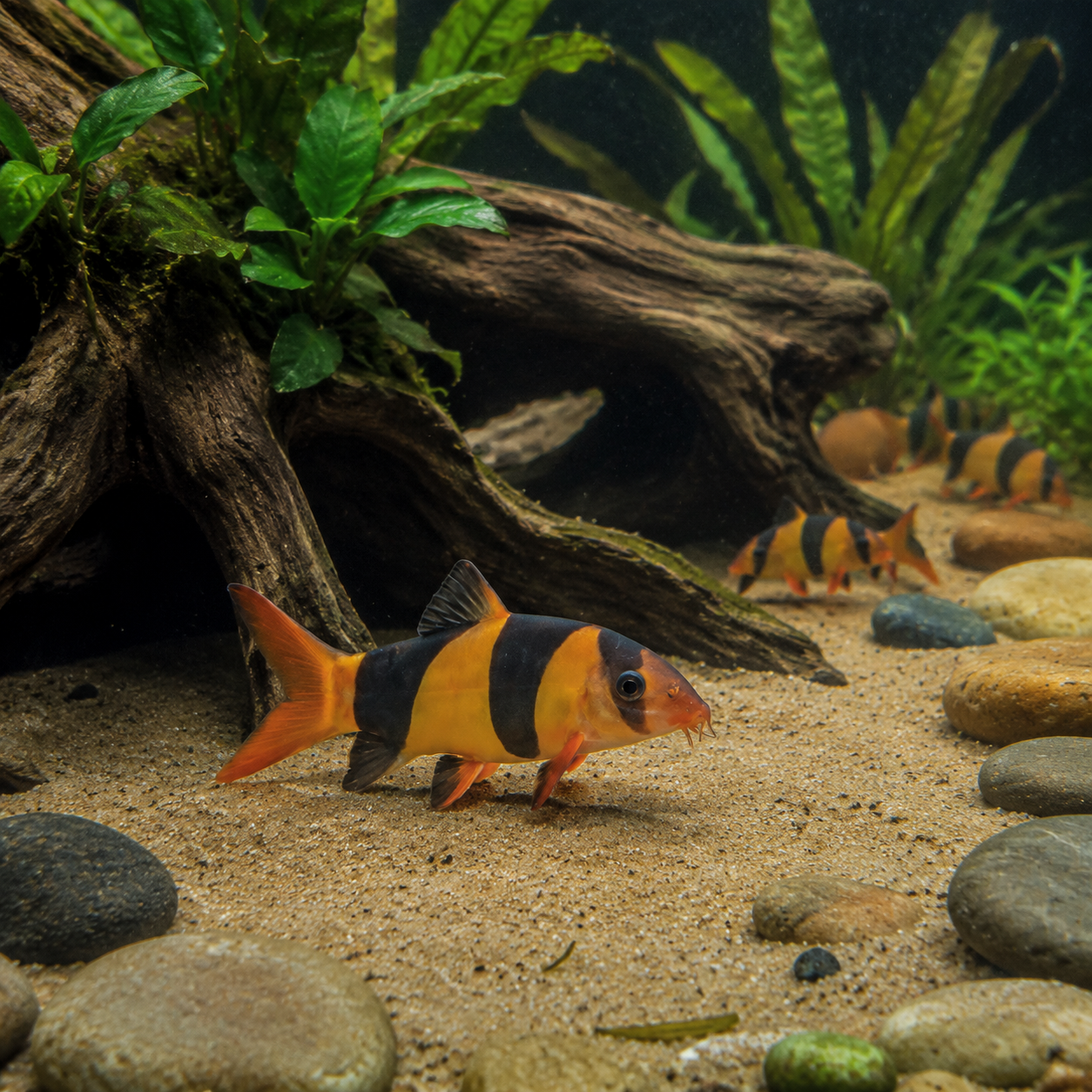 Clown Loach Exploring a Tropical Aquarium