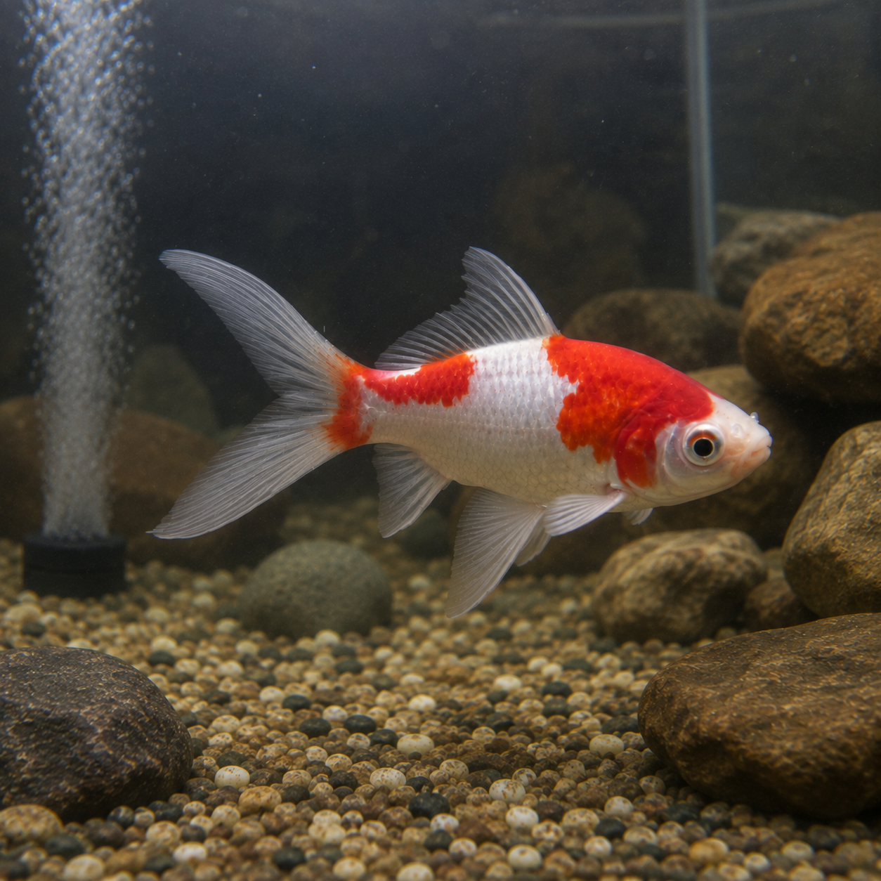 Red-White Goldfish in Rocky Aquarium