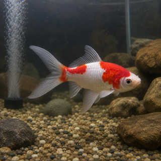 Red-White Goldfish in Rocky Aquarium