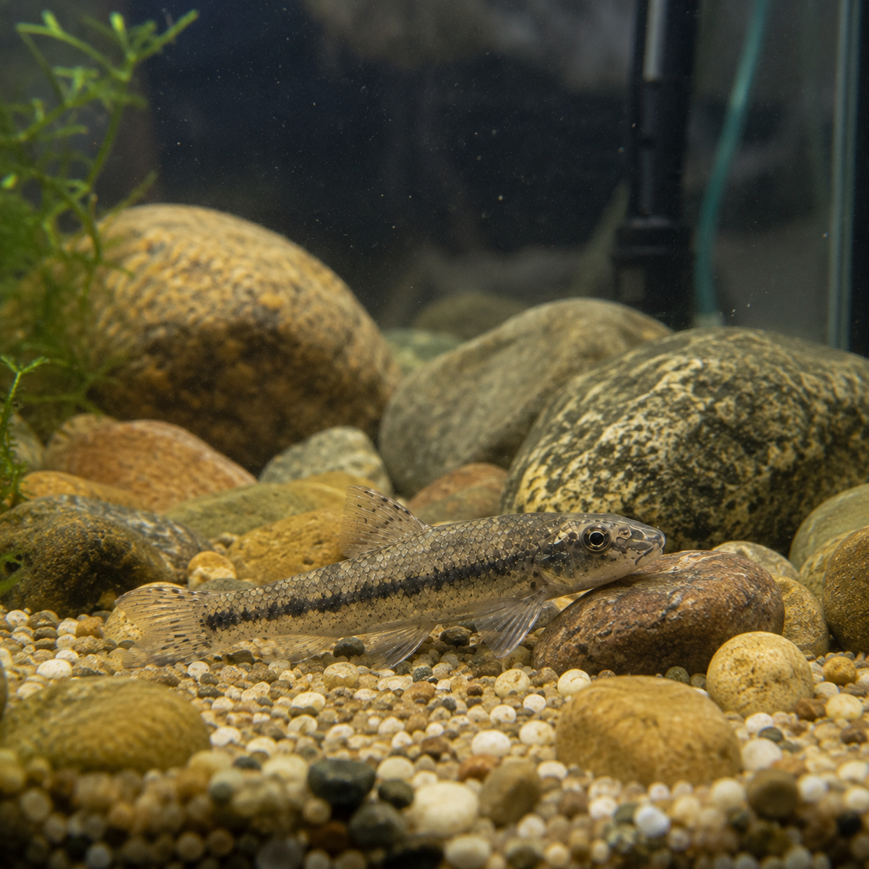 A small Gudgeon Gobio Gobio swimming over a bed of pebbles and rocks inside an aquarium, with larger stones and some aquatic plants in the background.