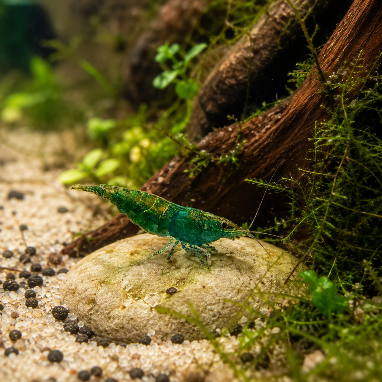 Jade Shrimp Grazing in Planted Nano Aquarium