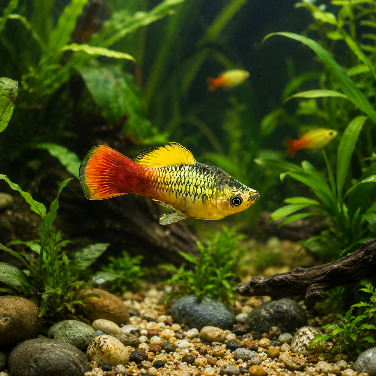 Golden variatus platy in a lush aquarium