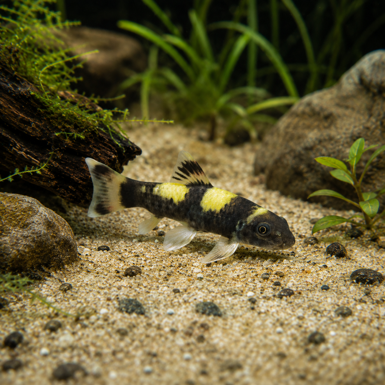 Rainbow-Panda-Garra swims across sandy aquarium gravel surrounded by rocks, green plants, and a piece of driftwood.
