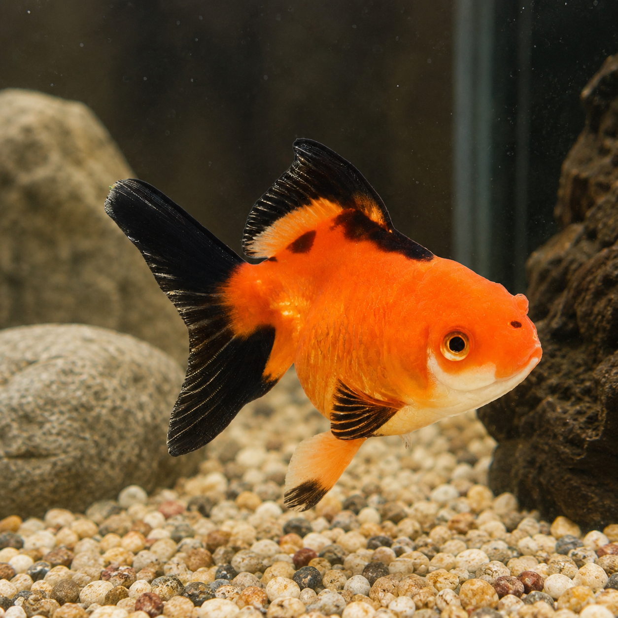 A vibrant Red & Black Oranda Goldfish Carassius auratus swimming in a fish tank with pebbled substrate, rocks, and driftwood.
