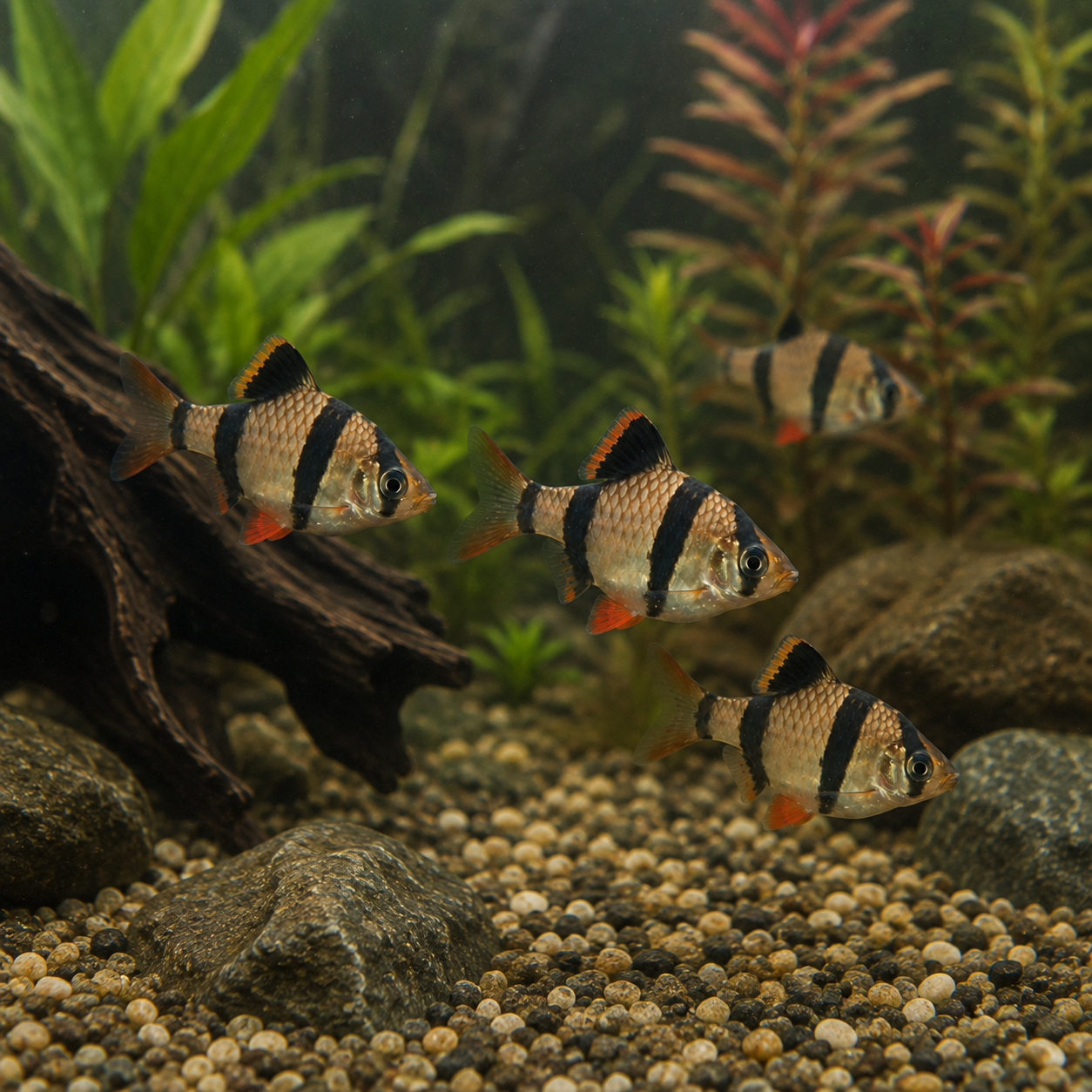 Tiger Barbs Among Driftwood and Plants